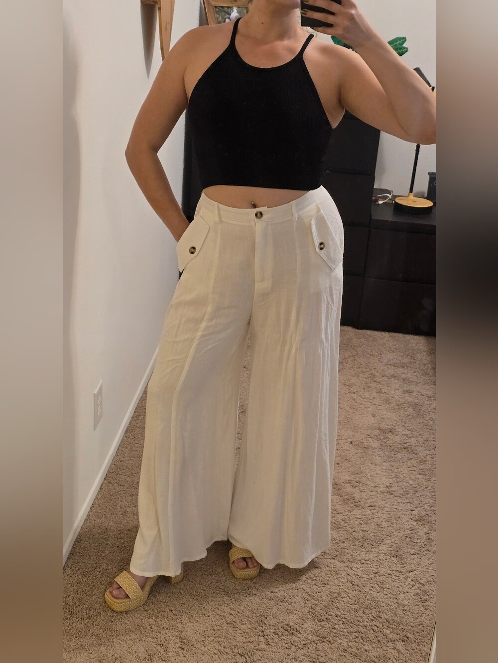 Cream Linen Palazzo Pants with Button Pocket Detail